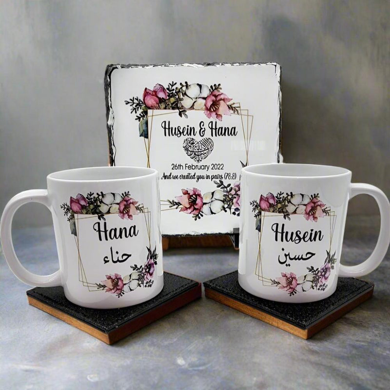 Wedding Personalised Floral Rock Slate & Mugs Set