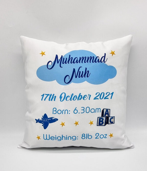 Personalised Baby Boy Cushion- Date & Weight
