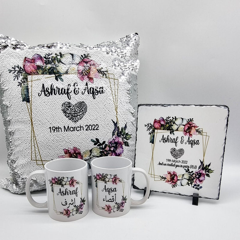 Wedding Sequin Cushion, Rock Slate & Mugs Set