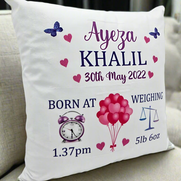 Personalised Baby Girl Cushion- Date, Weight & Time