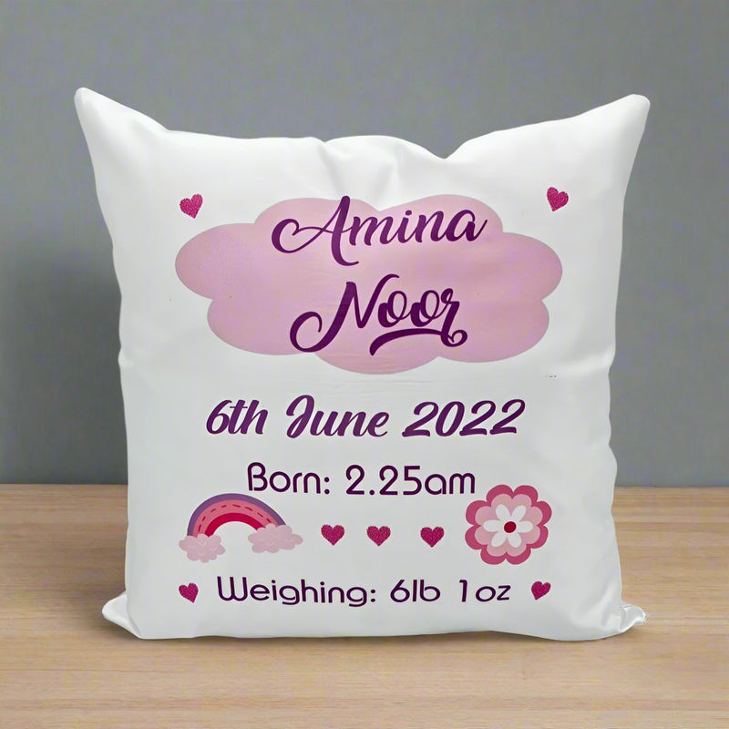 Personalised New Baby Girl Cushion- Date, Weight & Time, New baby Gift, Kids Room