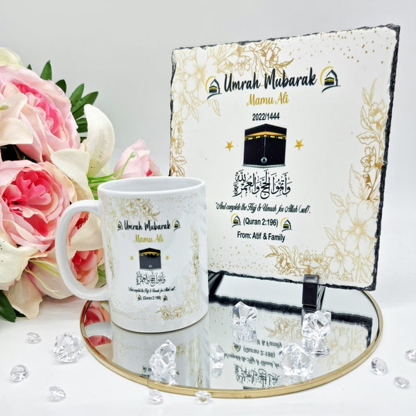 Umrah Hajj Mubarak Slate & Mug Set ,  Personalised Islamic Gift Rock Slate