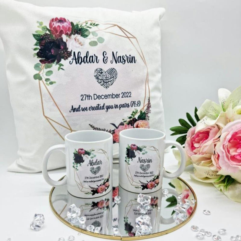 Floral Border Wedding Cushion & Mugs Set