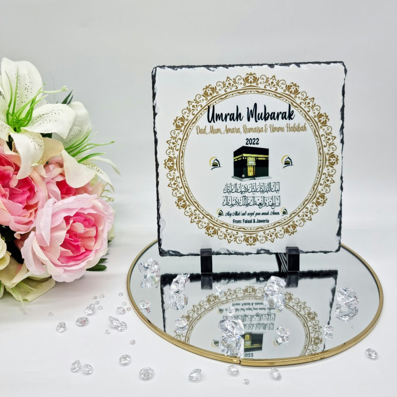 Umrah Hajj Mubarak Slate & Mug Set ,  Personalised Islamic Gift Rock Slate