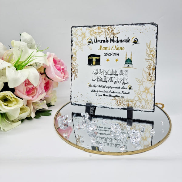 Umrah Hajj Mubarak Slate & Mug Set ,  Personalised Islamic Gift Rock Slate