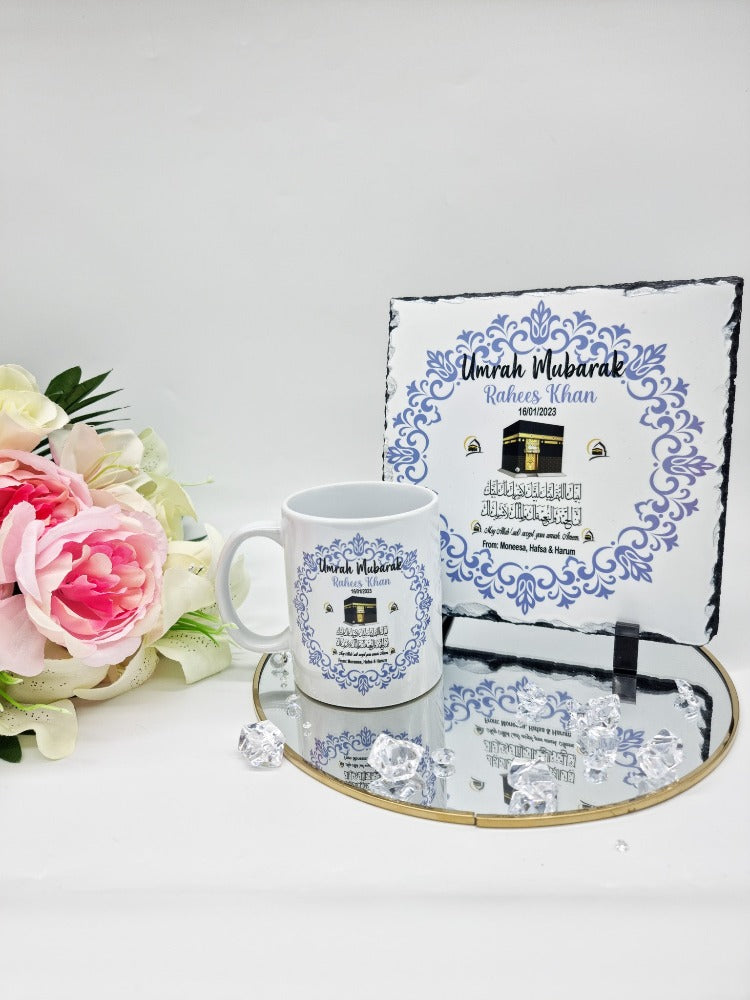 Umrah Hajj Mubarak Slate & Mug Set ,  Personalised Islamic Gift Rock Slate