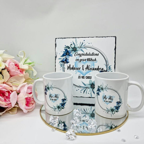 Floral Rock Slate & Mugs Set